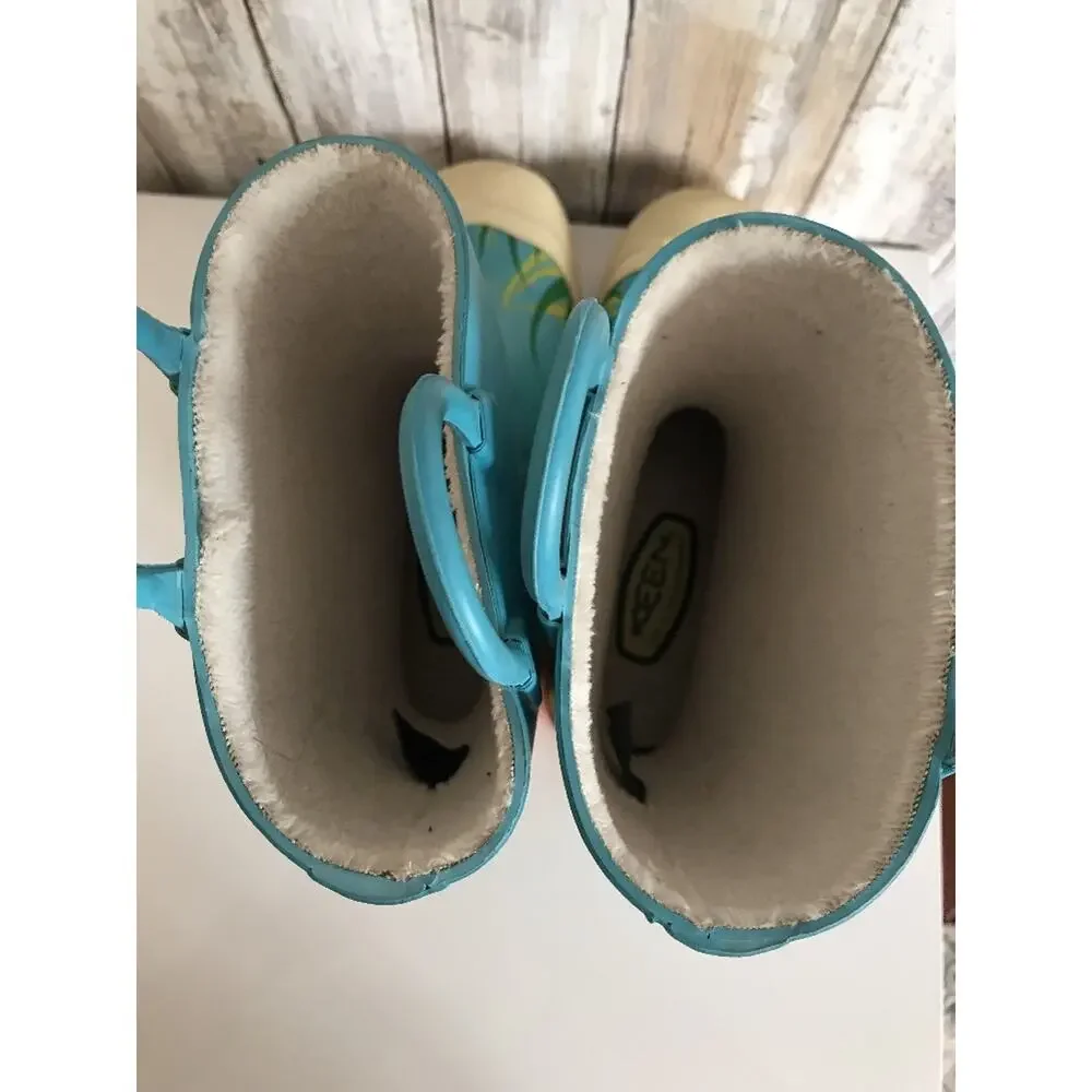 KEEN Coronado Blue Rain Boots Youth Kids 3 Rubber Mud Boots DragonFly Flower